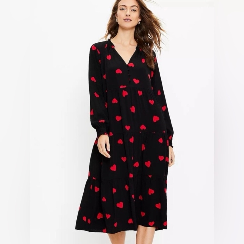 LOFT Black and Red Heart Long Sleeve Dress Small never worn